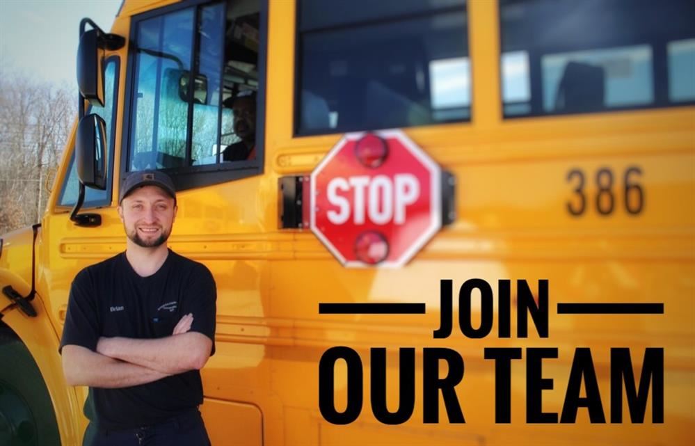 man standing in front of a bus with text saying Join our team